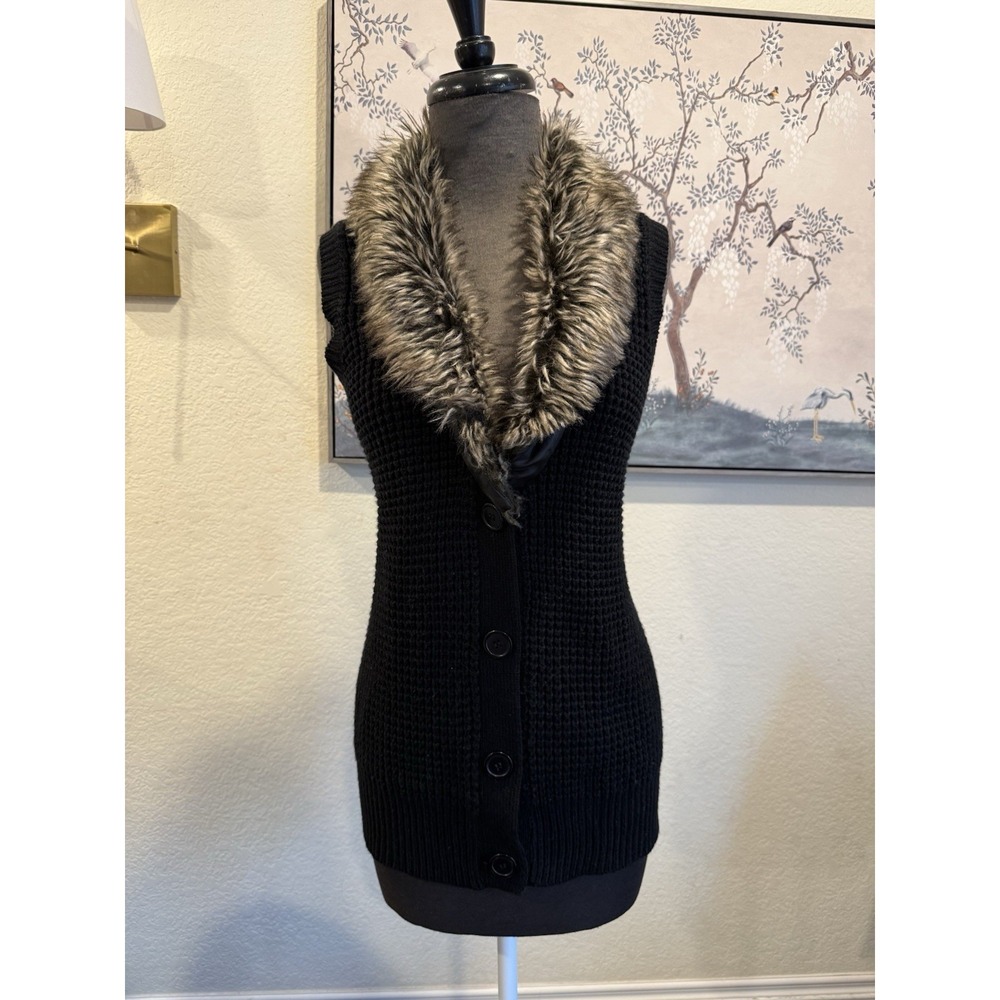 ny knits Petite‎ PXL Black Knit Sweater Vest Faux Fur Trim Button Front